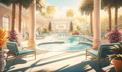  a painting of a swimming pool with chairs and palm trees.  generative ai © Anna