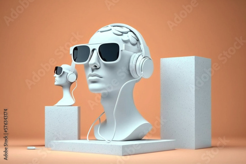 Minimal scene of sunglasses and headphone on human head sculpture, Music concept, 3d rendering.
