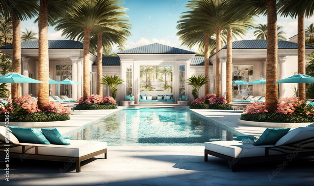  a pool surrounded by palm trees and lounge chairs with blue umbrellas.  generative ai