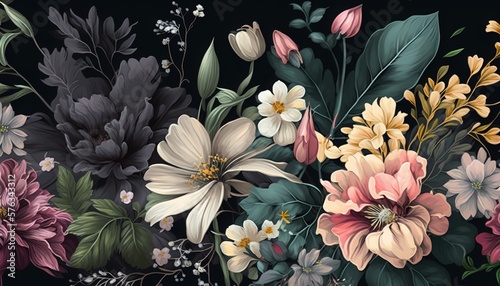 Fototapeta Naklejka Na Ścianę i Meble -  Floral pattern with dainty flowers and bold blooms. AI generative.