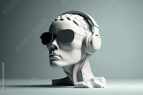 Minimal scene of sunglasses and headphone on human head sculpture, Music concept, 3d rendering.
