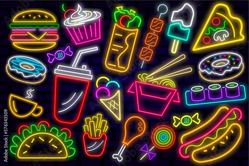 Neon icons in the form of a variety of food. Hamburger, taco, hot dog, ice cream, candy, kebab, lollipop, rolls, wok, shawarma, cupcake, french fries, coca cola, donuts, coffee, chicken leg, pizza.