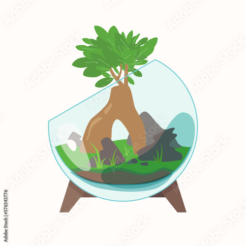 Live plants are planted in a glass container. The illustration depicts a terrarium for plants. Vector image.