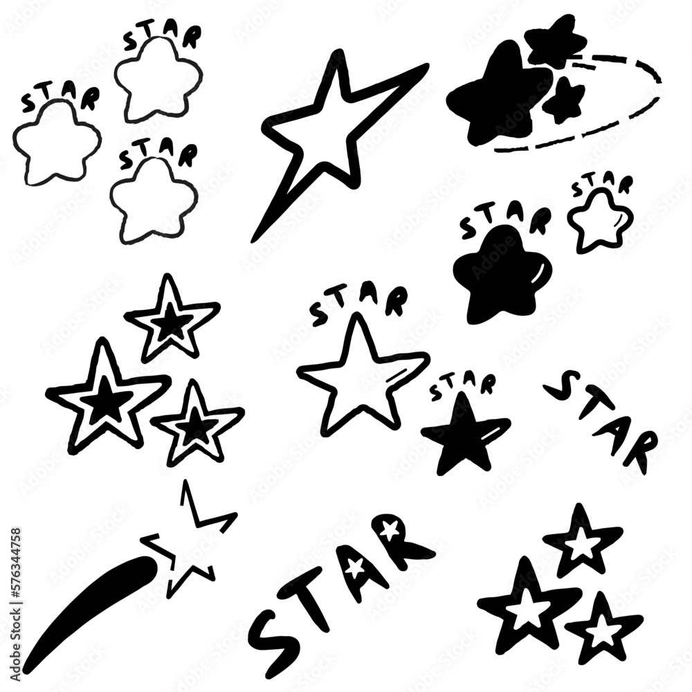 Collection of sixteen handdrawn pen and ink stars in various shapes and designs, some with a yellow highlight, on white