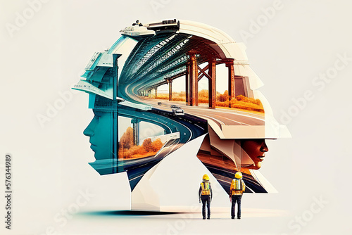 Obraz na płótnie Future of Expressway roads traffic construction engineering the devotion project with double exposure to civil engineering design