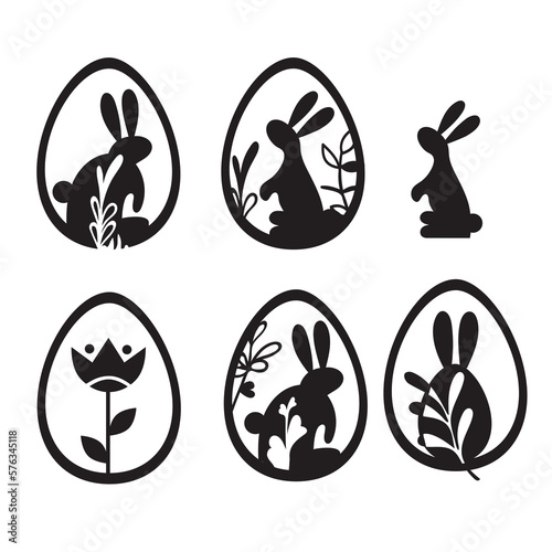 Happy Easter banner, poster, postcard, greeting card. Trendy Easter design with typography, bunnies, flowers, eggs, bunny ears, in pastel colors. Modern minimal style, Rabbit Icons. Cut files