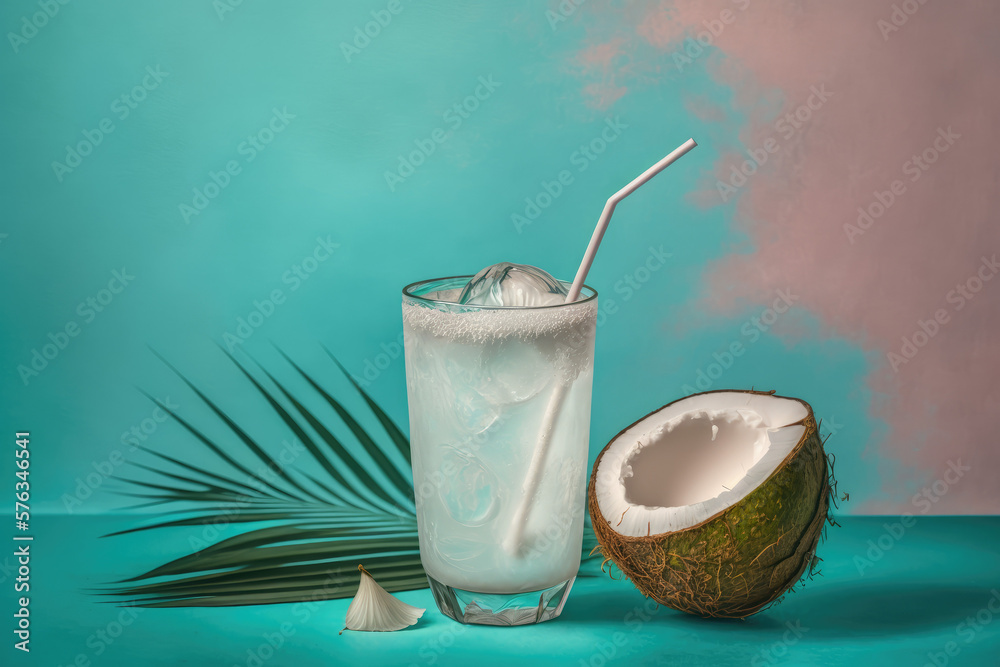 3d glass of coconut water illustration with a pastel backdrop made by