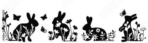 Set of silhouettes of bunny with flowers. Happy Easter banner  poster  postcard  greeting card. Trendy Easter design with typography  bunnies  flowers  eggs  bunny ears