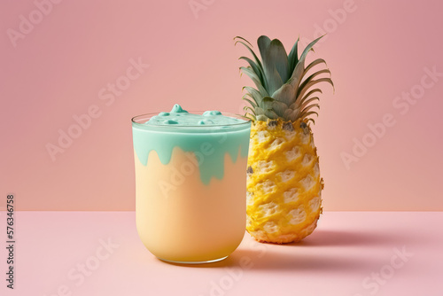 3d glass of pineapple smoothie illustration with a pastel backdrop made by generative ai