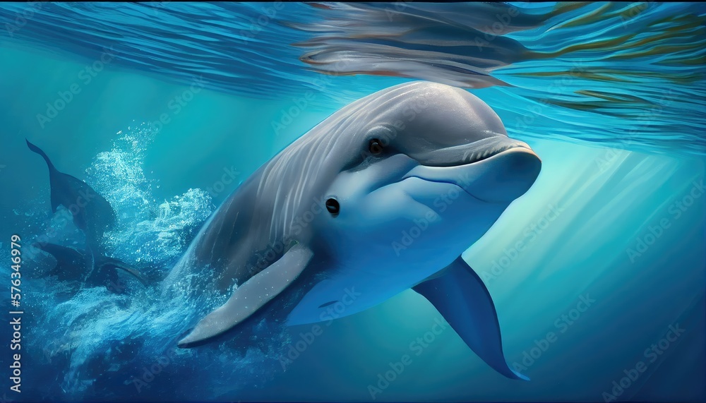Fototapeta premium Cute dolphin swimming in ocean, water splashes behind it created with Generative AI