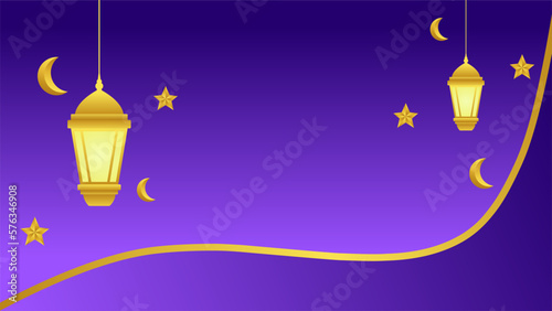 Ramadan background with lantern and star crescent for islamic design. Shiny purple background element with golden ornament for desain graphic ramadan greeting in muslim culture and islam religion