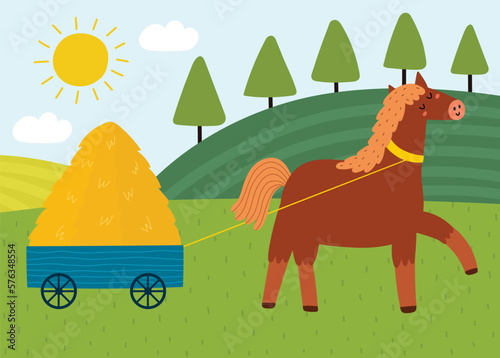Cute horse pulling a cart with a hay stack on a green meadow. Pasture landscape poster with a farm character. Colorful vector illustration