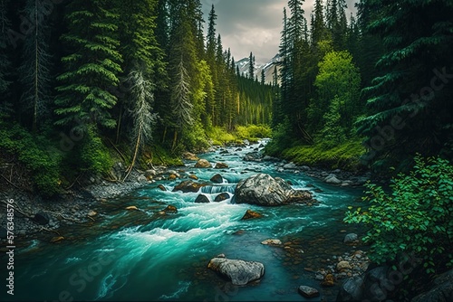 Mountain river flowing in a deep green forrest. Long exposere, water flow in motion. Creek in deep Alaska like forrest 