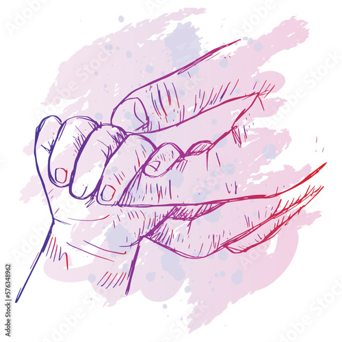 Hand of baby holding mother  sketch drawing illustration. 