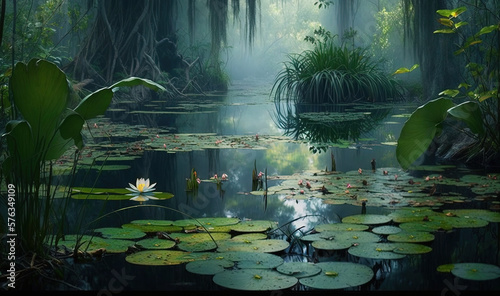  a painting of a swamp with lily pads and trees in the background.  generative ai
