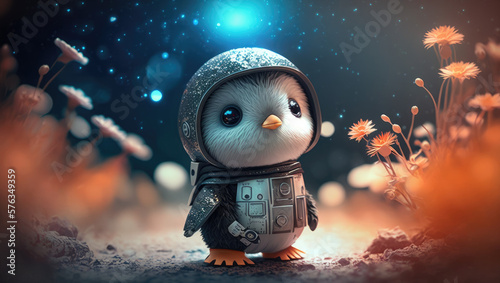 A cute baby penguin astronaut in space with floral and space background. Generative AI technology.