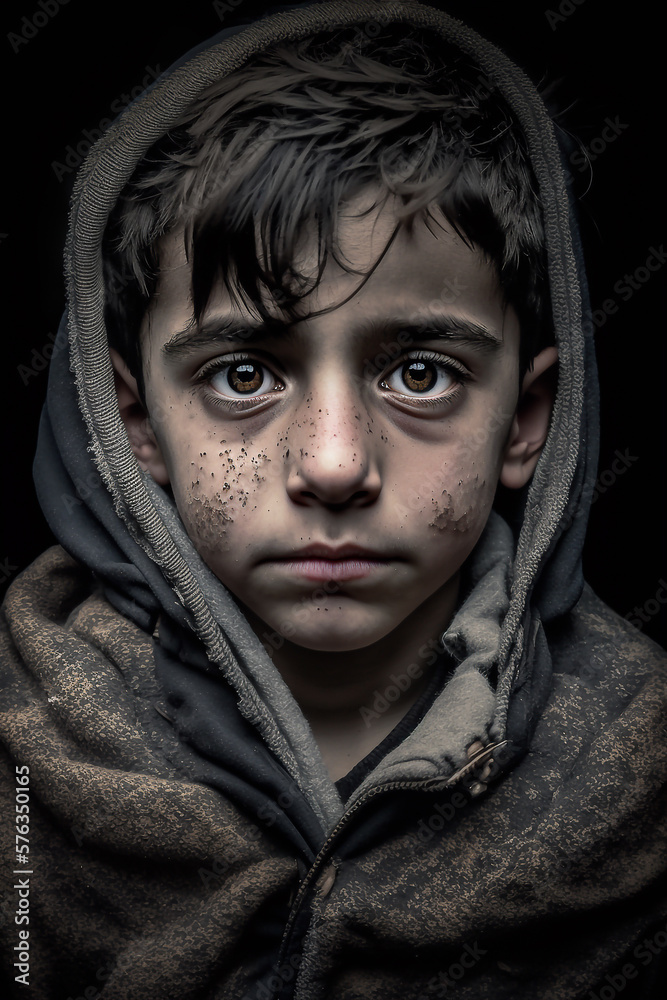 Portrait of a small refugee child fleeing war in his home country - Ai generative Portrait of a small refugee child fleeing war in his home country - Ai generative