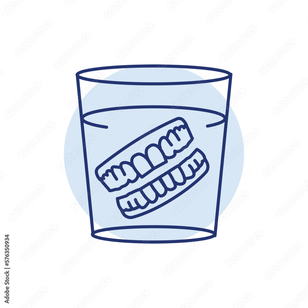 False teeth in glass line icon. Dental prosthetic. False teeth in glass line icon. Dental prosthetic.