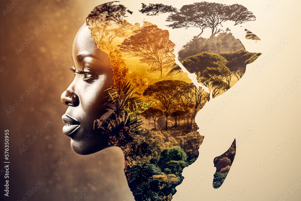 Multiple exposure of a beautiful african woman and map of africa - Ai generative - obrazy, fototapety, plakaty 