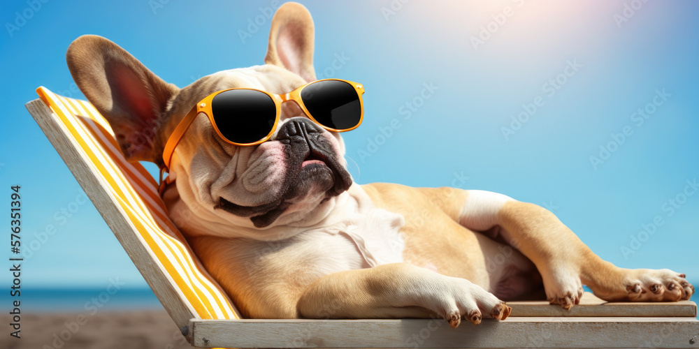 Poster Print french bulldog dog with sunglasses sunbathing and sleeping on sun lounger 40x20 cm
