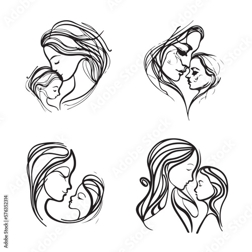 Obraz na plátně Mother Kiss Baby line art Vector illustrationMother hug her daughter