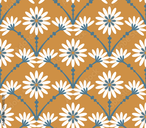 Abstract Tile Style Art Deco Flowers Seamless Pattern Vector Design Trendy Fashion Colors Perfect for Allover Fabric Print or Wrapping Paper
