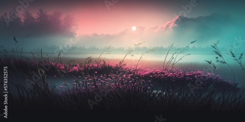 Landscape of a spring morning in a high mountain, above a lake with fresh, meadow, spring, purple flowers. Fog and morning dew. Generative AI.