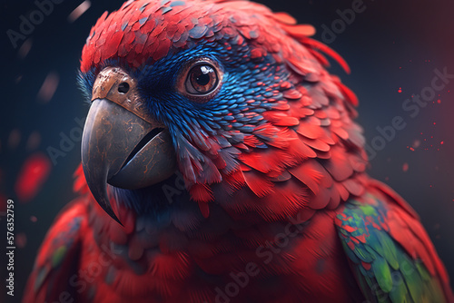 Portrait head of beautiful red tropical parrot with beak looking at camera, outdoors Fototapeta