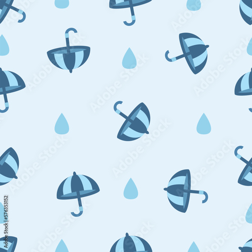 Cute blue pastel umbrella and raindrop cartoon pattern