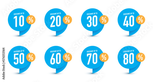 Sale tags vector badges template, up to 10, 20, 90, 80, 30, 40, 50, 60, 70 percent off.