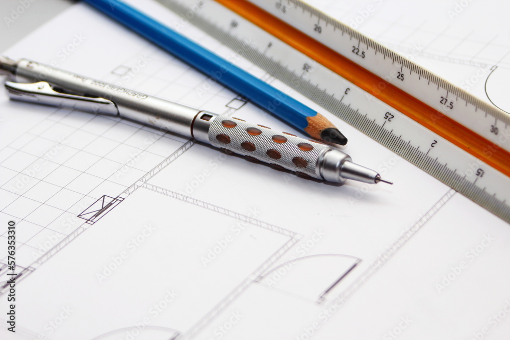 Pencils and ruler on a construction plan, close-up, architect, architecture,drawing architect. Pencils and ruler on a construction plan, close-up, architect, architecture,drawing architect.