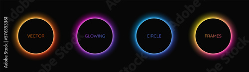 Collection of glowing frames isolated on dark background. Neon rings with copy space.