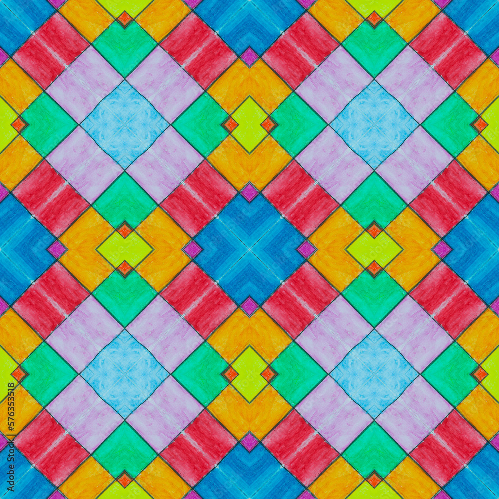 set of colorful kaleidoscope art tile made from color pencil painting  on  white background