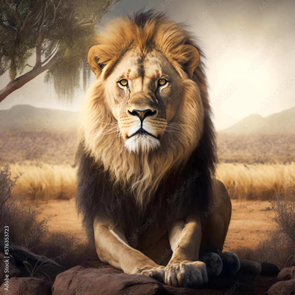 Realistic lion on a africa background, generative AI - obrazy, fototapety, plakaty 