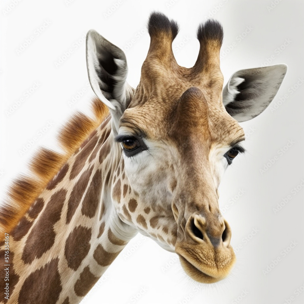 Obraz premium Realistic head giraffe on a white background, generative AI