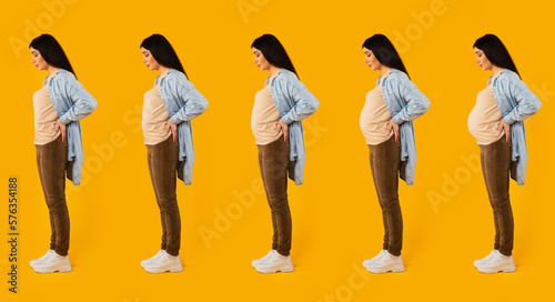 Full length shot of woman with different stages of pregnancy standing over yellow studio background, side view, collage photo