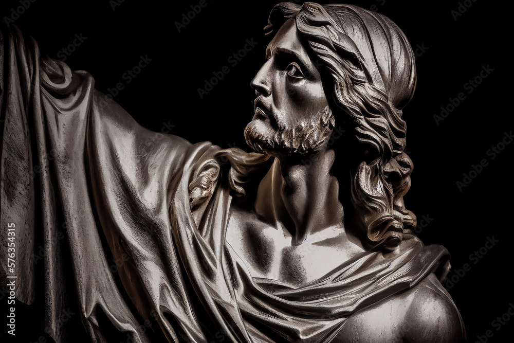Jesus Christ statue in black background. Generative AI.