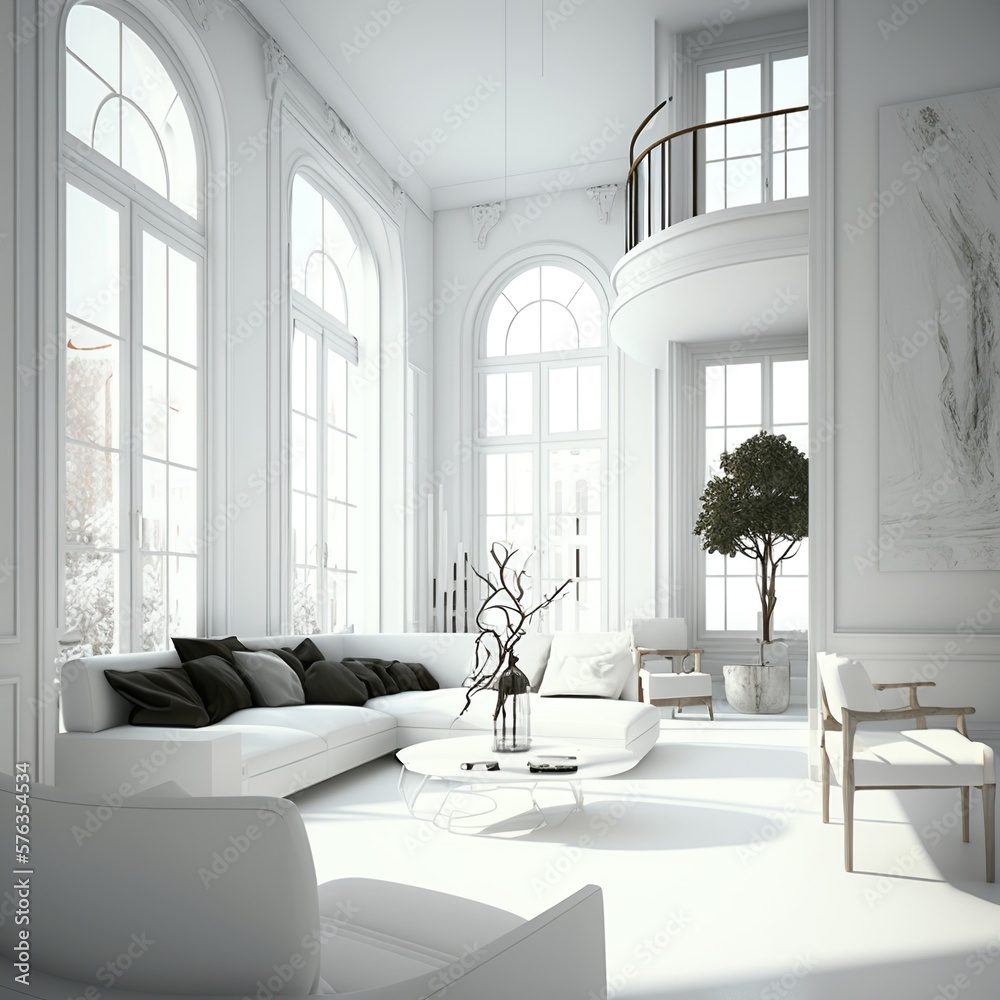 White interior design with large windows winter snow houseplant all just modern stylish room furniture Generative AI White interior design with large windows winter snow houseplant all just modern stylish room furniture Generative AI