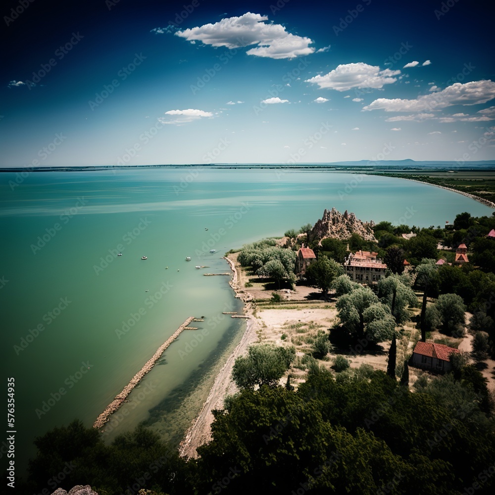 Naklejka premium summer balaton top view, hungary europe photorealistic water blue white clouds houses lake trees Generative AI 
