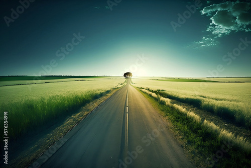 Endless road along green grassland, blue sky, sun raise. Generative AI. © John