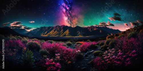 Colorful vivid background. High strong mountains in night, dark sky, stars, neon light colors and collisions of galaxies. Space night northern lights, an amazing sight. Generative AI.