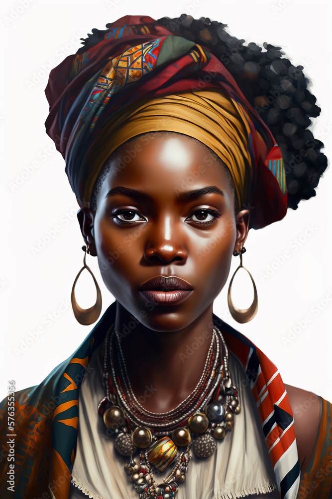 Portrait of a beautiful young african woman wearing traditional attire on white background, african woman with a colorful shawl on head, ethnic african style, generative ai