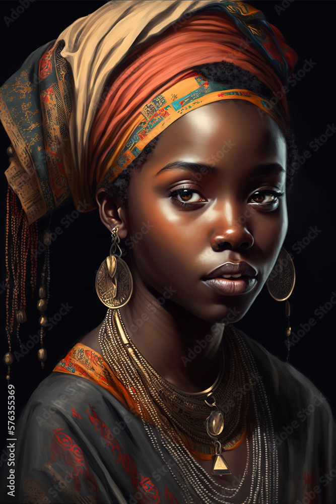 Portrait of a beautiful young african woman wearing traditional attire, african woman with a colorful shawl on head, ethnic african style, generative ai