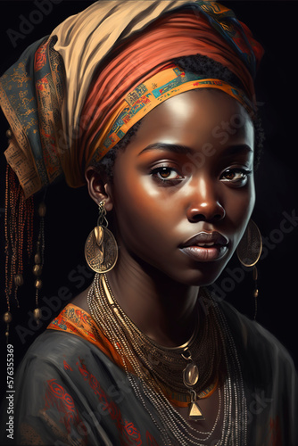 Obraz na płótnie Portrait of a beautiful young african woman wearing traditional attire, african woman with a colorful shawl on head, ethnic african style, generative ai w salonie