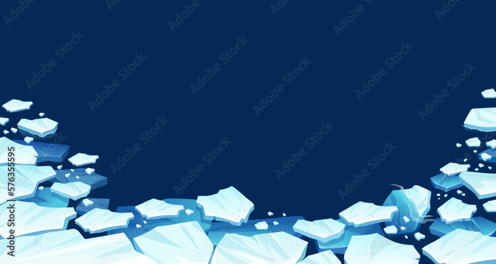 Atlantic, antarctic floes, glaciers and icebergs floating on surface. Isolated masses of cracked ice. Global warming, climate change. Frozen blue water. View from above.
