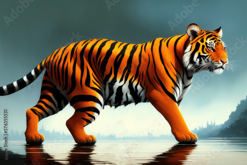 Digital painting of Beautiful tiger relaxing on warm day  Colorful magic tiger  cartoon style drawing  generative ai art illustration