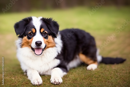 Australian Shepherd puppy posing with nature background, generative ai color grading. Cute Dog watching to camera