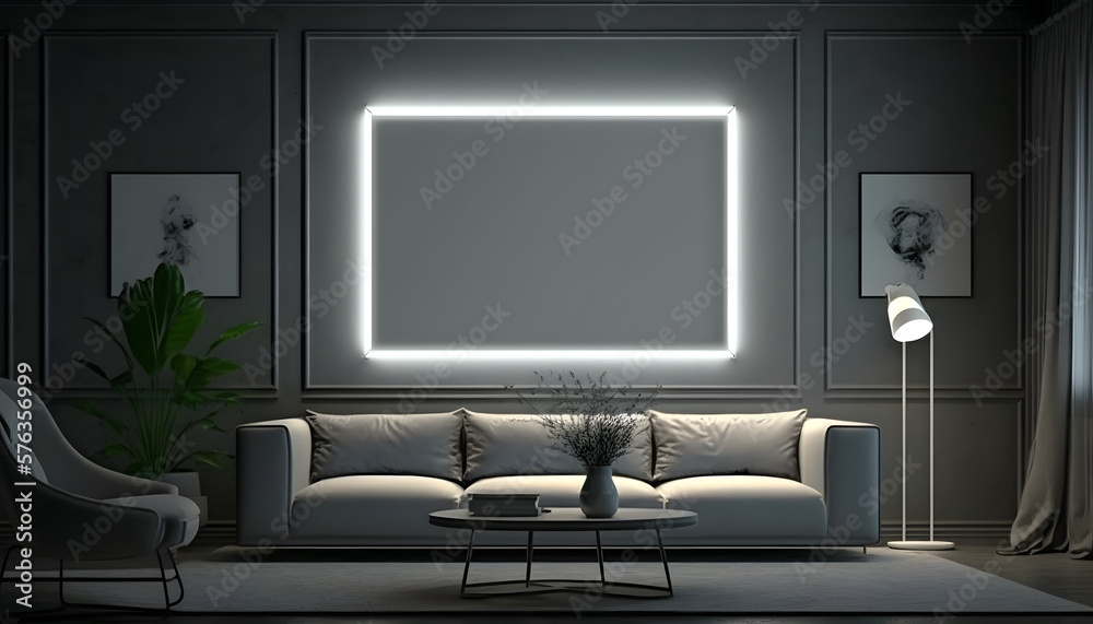 Blank frame mockup in a modern and confortable house, black wall, illuminated by RGB led strips, 3d render, Generative AI Blank frame mockup in a modern and confortable house, black wall, illuminated by RGB led strips, 3d render, Generative AI