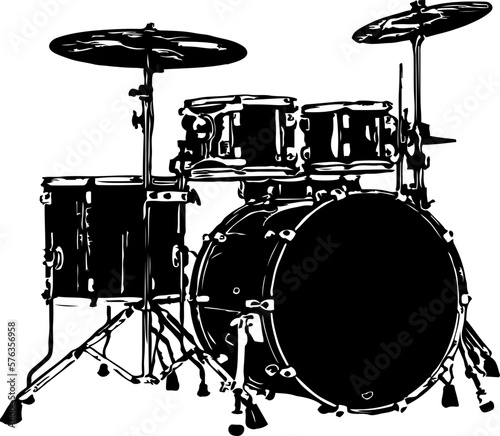 Music drum set silhouette, sketch drawing of drum set