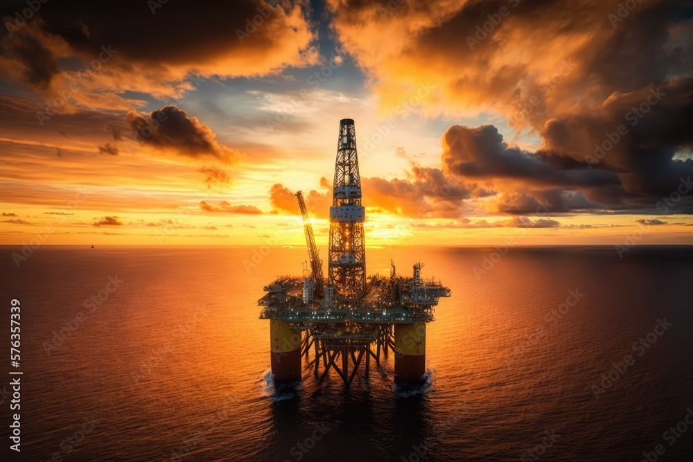 Oilrig from aerial view in the sunset, made with generative ai